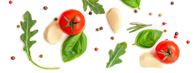 Seamless pattern with fresh vegetables, herbs and spices. Isolated on white background. Top view.