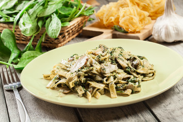 Tagliatelle pasta with spinach and mushrooms on a plate.
