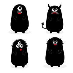 Monster black silhouette set. Fang tooth. Open mouth. One eye, teeth, tongue, hands, tail, horns. Funny Cute cartoon baby character. Happy Halloween. Flat design. White background. Isolated.