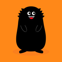 Monster black silhouette. Fang tooth. Open mouth. Two eyes, teeth, tongue, hands. Funny Cute cartoon baby character. Happy Halloween. Flat design. Orange background. Isolated.