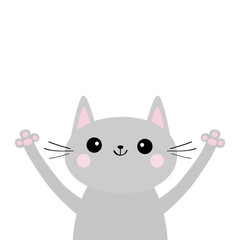 Gray cat silhouette head and hands up. Cute cartoon kitty character. Kawaii animal. Funny baby kitten with eyes, mustaches, nose, ears. Love Greeting card. Flat design. White background Isolated.