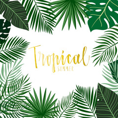 Fototapeta na wymiar Tropical frame with hand drawn leaves and hand lettering