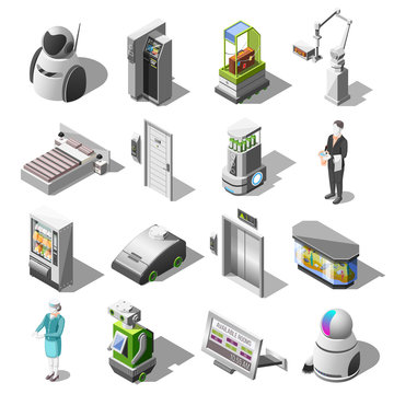 Robotized Hotels Isometric Icons