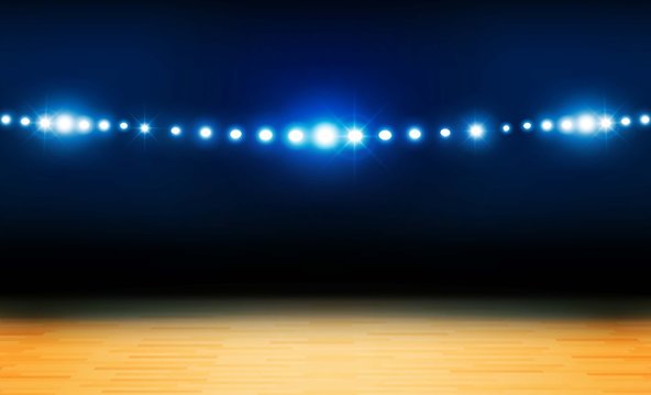 Basketball arena field with bright stadium lights design. Vector illumination