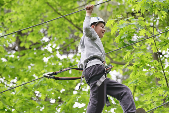 Young boy climbing trees at rope park