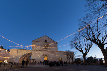 St. Clare church in Assisi during Christmas time, with lights, p