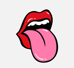 Pop art vector speaking red lips. Tongue sticking out - obrazy, fototapety, plakaty