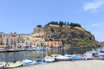 Fototapeta premium Lipari, main city on one of Aeolian islands near Sicily in Tyrrhenian Sea. port and 1556 fortifications, built atop ancient Greek walls.