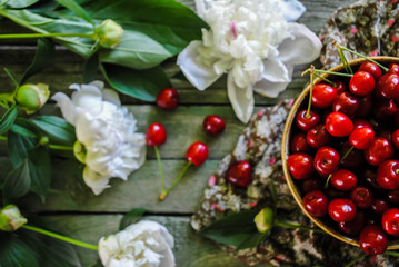 Ripe red cherries and white peonies