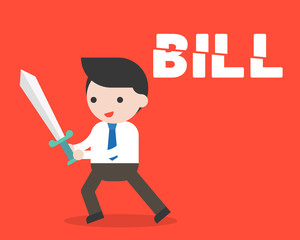 Businessman using sword cut bill headline in two peices, flat design cost reduction concept