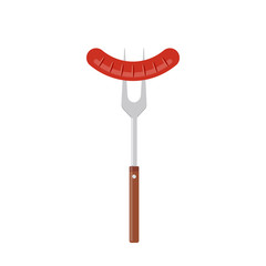 Sausage on barbecue fork. Grilled sausage. Vector illustration flat design. Isolated on white background.