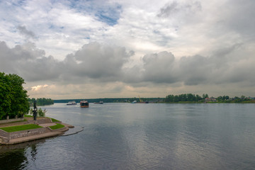 UST-IZHORA, SAINT PETERSBURG, RUSSIA - AUGUST 21, 2017: Cargo ship on Neva River on the outskirts of St. Petersburg about Ust '-Izhora at cloud day