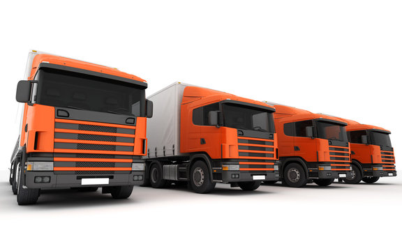Logistics concept. Group of cargo trucks in row from left to right isolated on white background. Front perspective view. 3D illustration