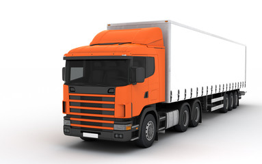 Fototapeta premium Logistics concept. Cargo truck transporting goods moving from right to left isolated on white background. Front perspective view. 3D illustration