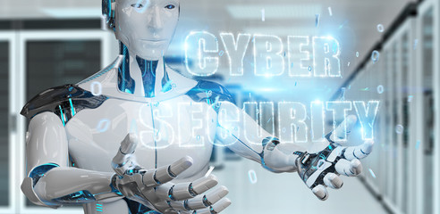 White humanoid using cyber security text hologram 3D rendering