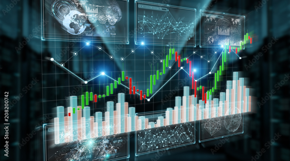 Poster 3D rendering stock exchange datas and charts illustration