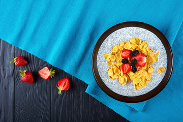 chia seeds, Corn flakes, strawberries, mulberries