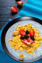 chia seeds, Corn flakes, strawberries, mulberries