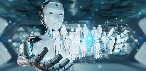 White cyborg controlling group of people 3D rendering