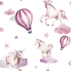 Watercolor unicorn, clouds and hot air balloon seamless pattern. Hand painted fairytale texture on white background. Cartoon baby wallpaper design