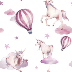 Wallpaper murals Animals with balloon Watercolor unicorn, clouds and hot air balloon seamless pattern. Hand painted fairytale texture on white background. Cartoon baby wallpaper design