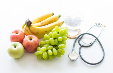 Healthy Foods and Stethoscope with fruits