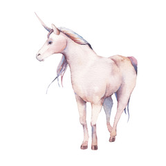 Watercolor unicorn illustration. Hand painted fairytale animal isolated on white background. Cartoon baby art © ldinka