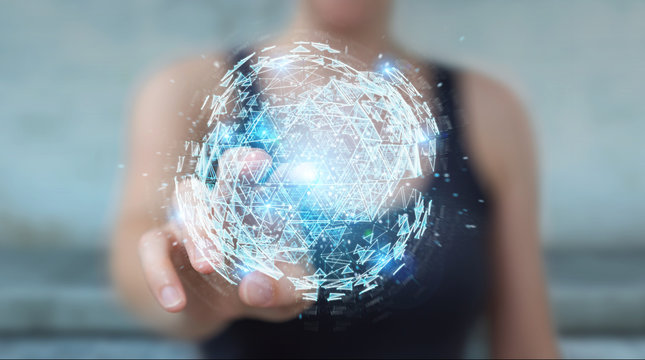 Businesswoman using digital triangle exploding sphere hologram 3D rendering