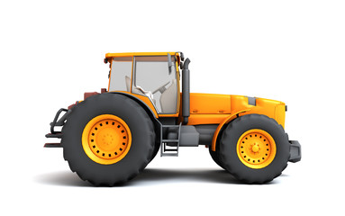 Orange wheel harvesting tracktor moving from left to right isolated on white background. 3D illustration. Side view