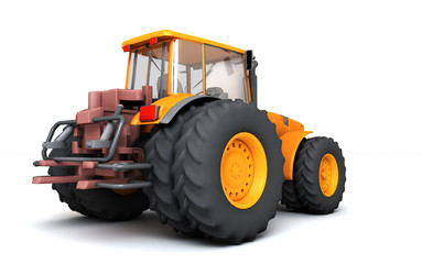 Orange wheel harvesting tracktor moving from left to right isolated on white background. 3D illustration. Rear view. Perspective