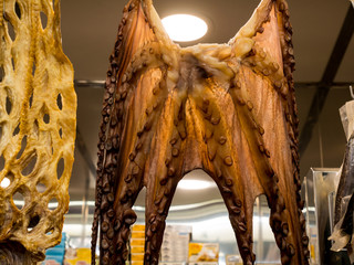 Dried octopus hanging in a stall at the central market in Valencia, Spain