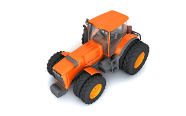 Glossy orange wheel harvesting tracktor isolated on white background. 3D illustration. View from the top