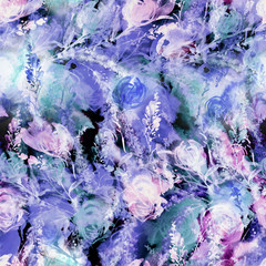 Watercolor vintage seamless pattern, floral pattern, blue, pink, purple roses, buds. 
Plants, flowers, grass in floral background.