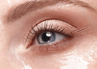 Fototapeta premium Beautiful young girl with a light natural make-up and perfect wet skin. Beauty face. Picture taken in the studio on a white background.