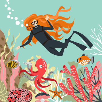 Scuba diver explores coral reef.  Vector illustration in cartoon style