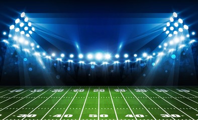 American football arena field with bright stadium lights design. Vector illumination © photoraidz