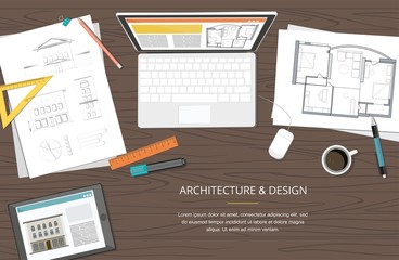 Construction project architect house plan with tools. 
