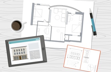 Workplace - technical project architect house plan blueprint. Construction background.	
