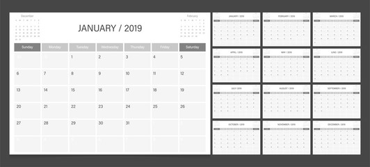 Calendar 2019 week start on Sunday corporate design planner template. Black and white. - obrazy, fototapety, plakaty