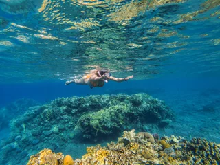Gordijnen Woman snorkeling underwater above coral reef © salajean