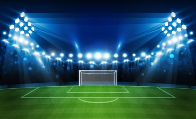 Fototapeta premium Football arena field with bright stadium lights vector design. Vector illumination