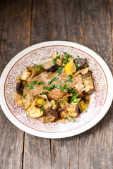 Pork steak with leeks and aubergine