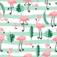 Cute hand drawn seamless pattern with pink flamingo. Vector illustration.