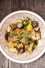 Pork steak with leeks and aubergine