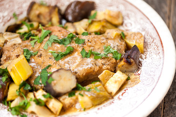 Pork steak with leeks and aubergine