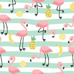 Materiał do szycia Cute hand drawn seamless pattern with pink flamingo. Vector illustration.