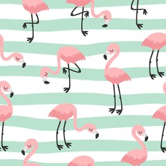Obraz premium Cute hand drawn seamless pattern with pink flamingo. Vector illustration.