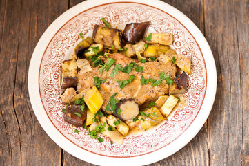 Pork steak with leeks and aubergine