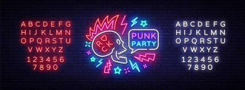 Punk Party Neon Sign Vector. Rock music logo, night neon signboard, design element invitation to Rock party, concert, festival, night bright advertising, light banner. Vector. Editing text neon sign