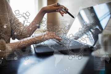 Gears, mechanism design on virtual screen. CAD systems. Business, industrial and technology concept.